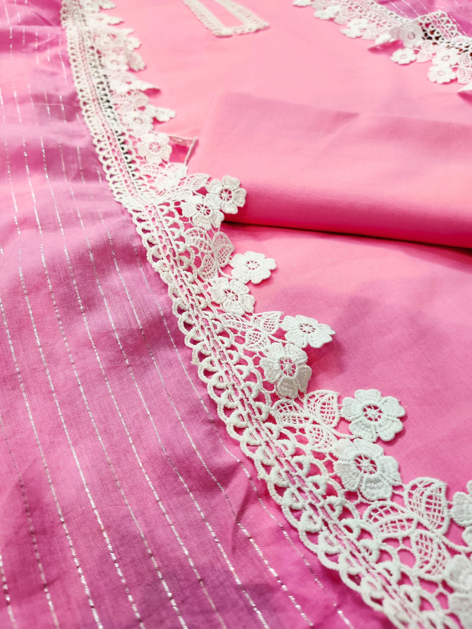 Pink Cotton Adorned with Elegant White Lace Unstitched Dress Material Suit Set - Mom & You Clothing