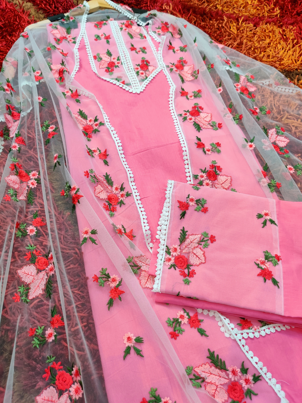 Pink Floral Lace Cotton Unstitched Dress Material Suit Set - Mom & You Clothing
