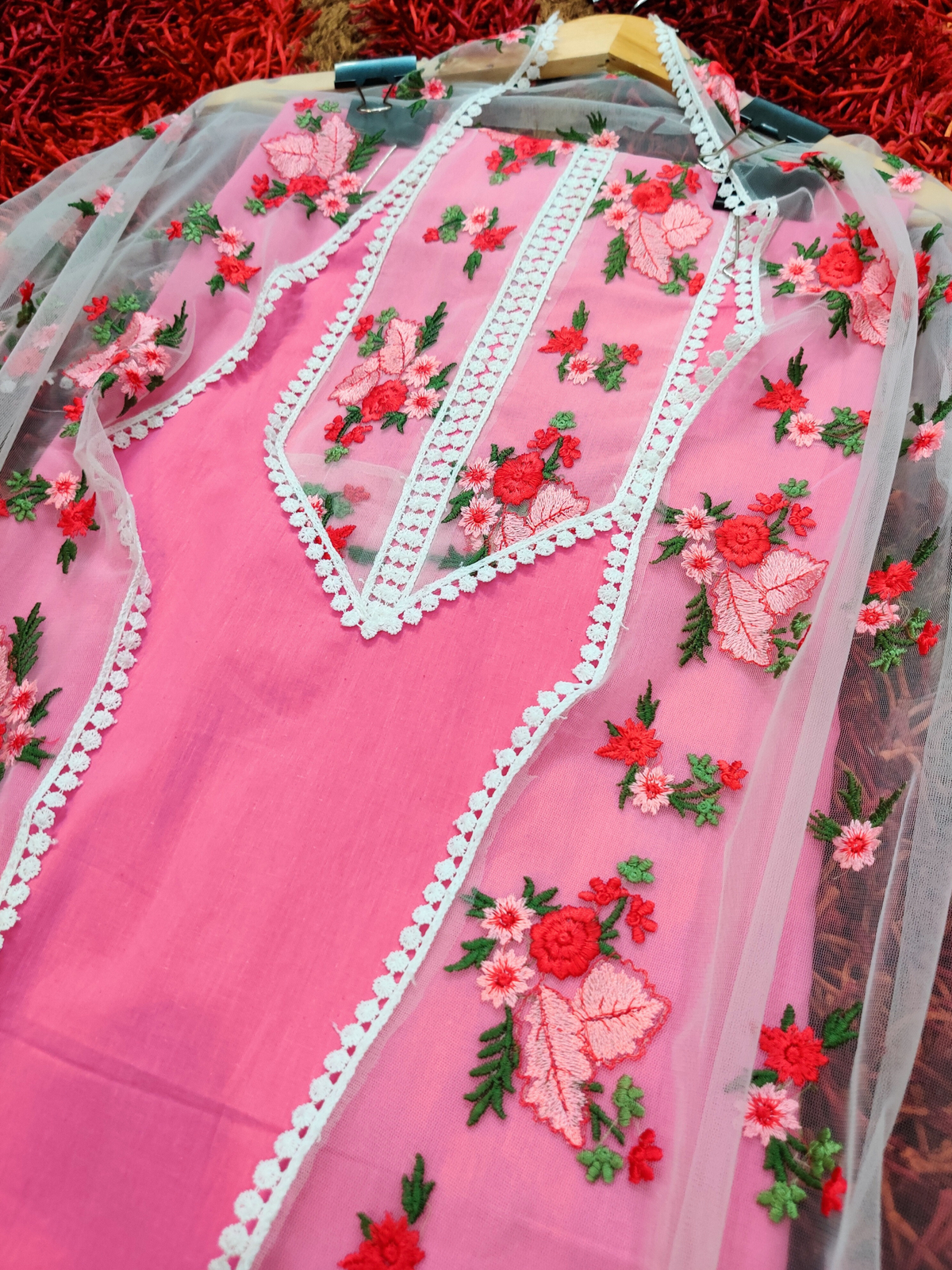 Pink Floral Lace Cotton Unstitched Dress Material Suit Set - Mom & You Clothing