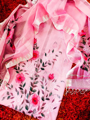 Pink Hand painted Kota Doria Unstitched Kurta Set - Mom & You Clothing