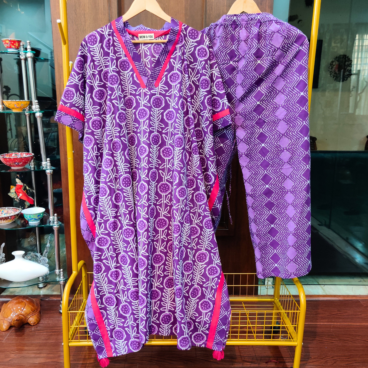Purple Dabu Kurta Kaftan Cotton Stitched Co-Ord Set - Mom & You Clothing