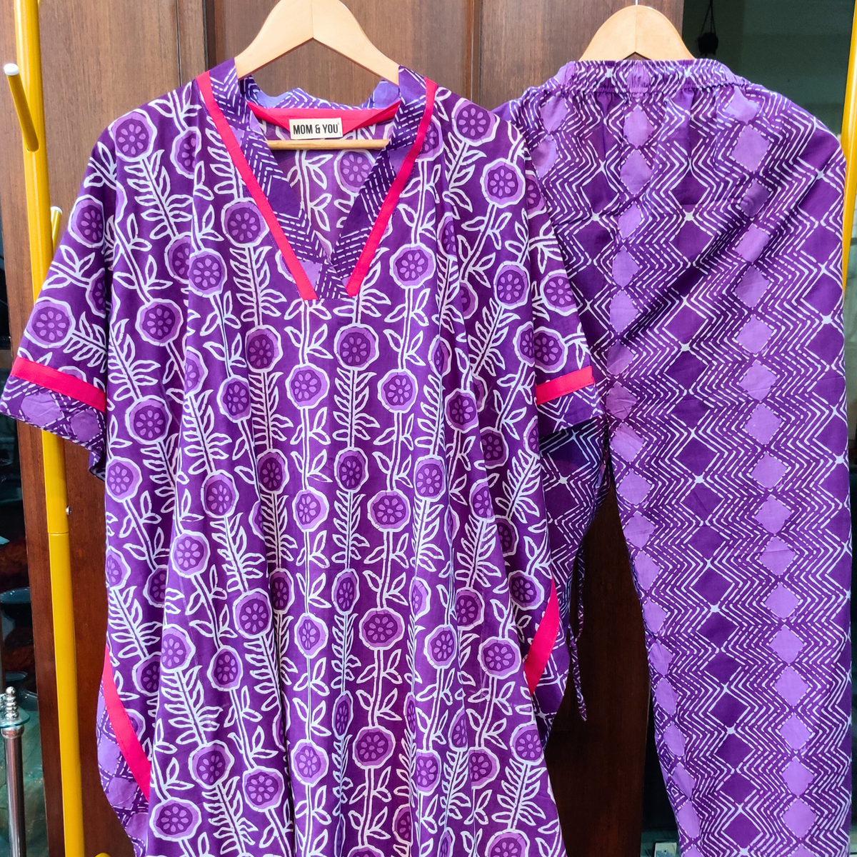 Purple Dabu Kurta Kaftan Cotton Stitched Co-Ord Set - Mom & You Clothing
