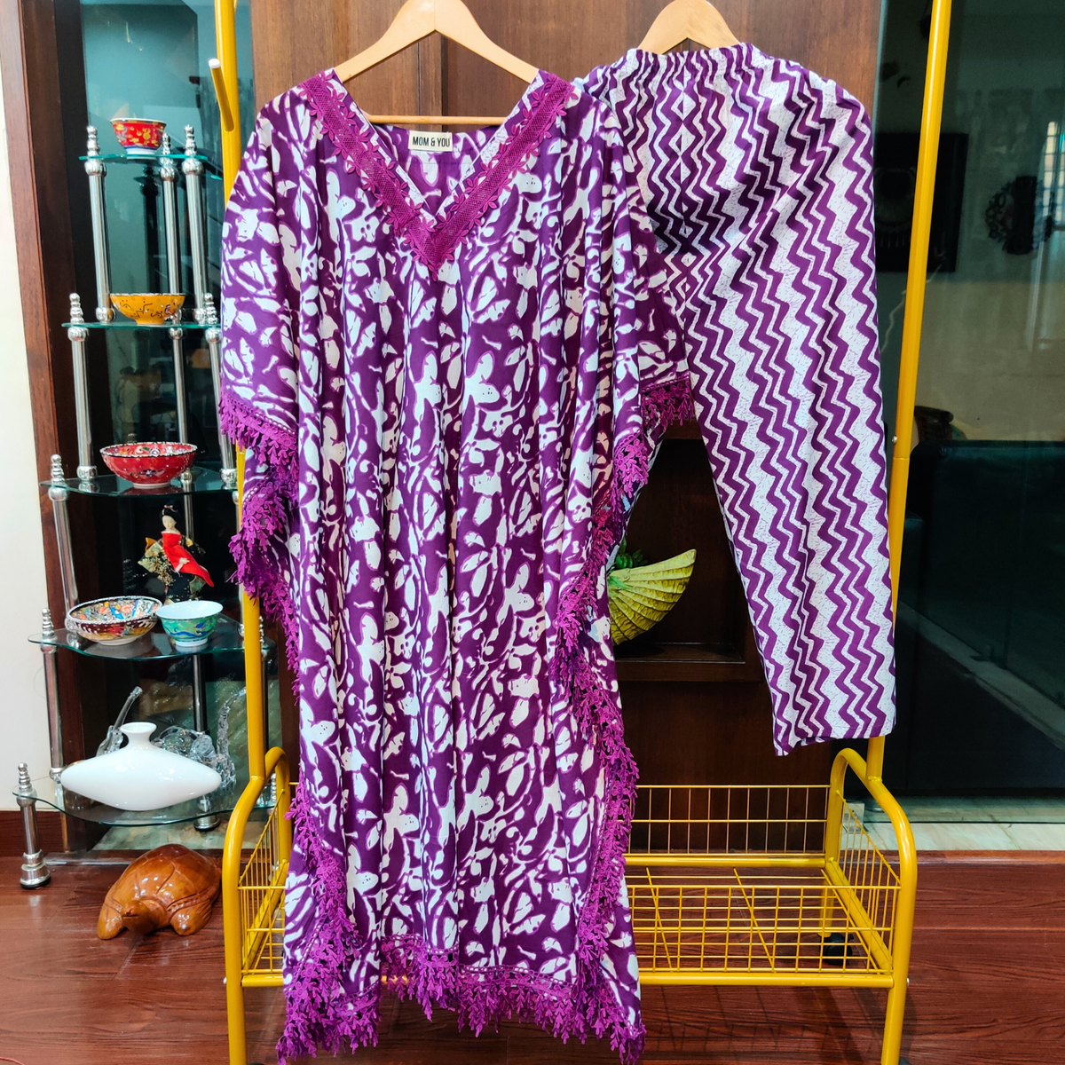 Purple Handblock Kurta Kaftan Cotton Stitched Co-Ord Set - Mom & You Clothing