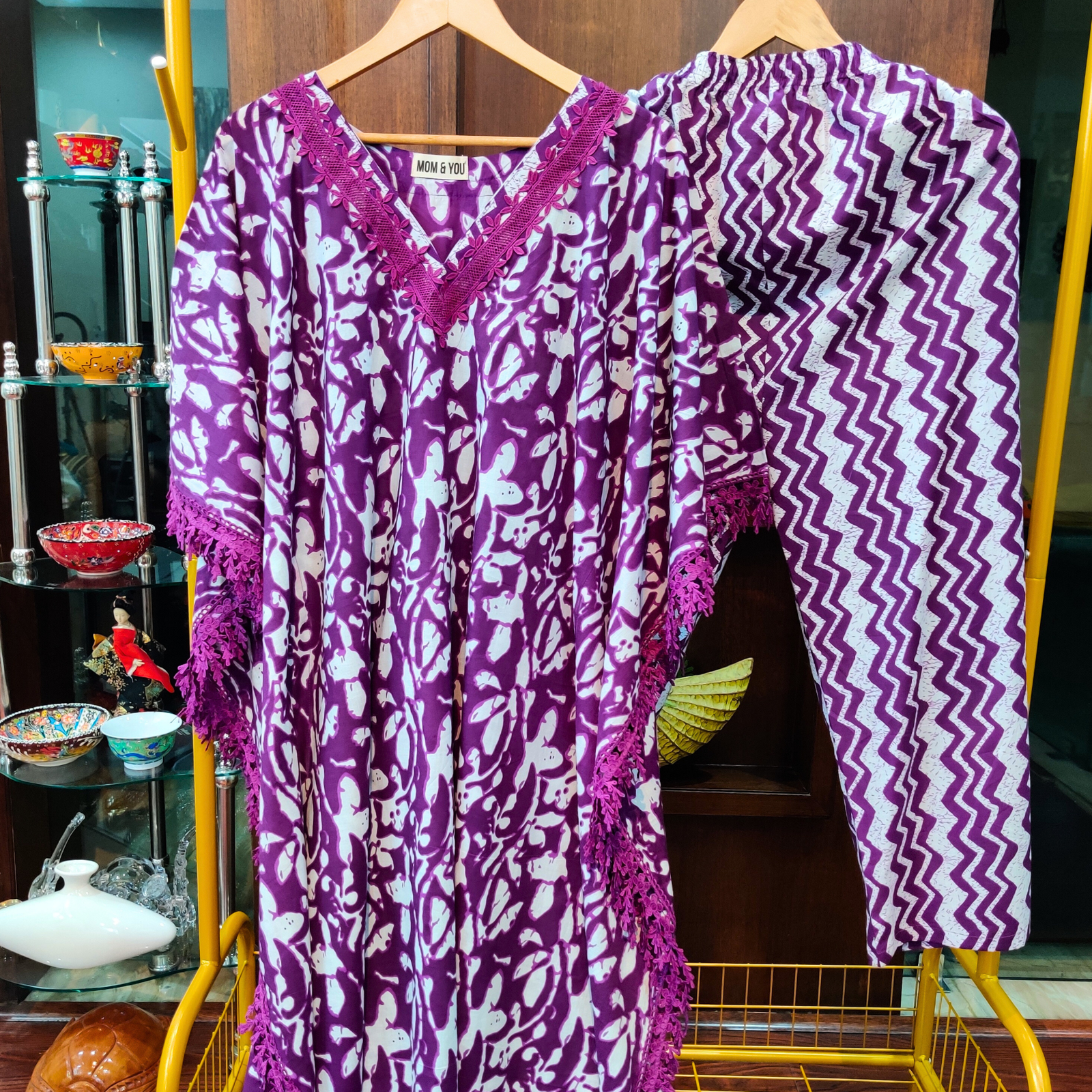 Purple Handblock Kurta Kaftan Cotton Stitched Co-Ord Set - Mom & You Clothing