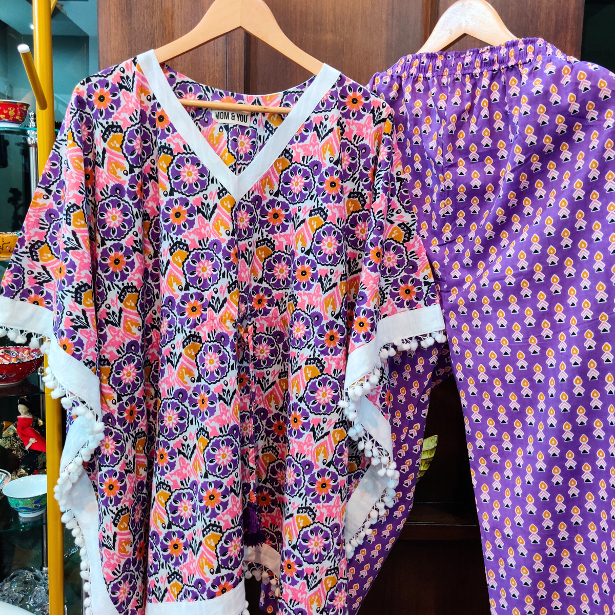 Purple Handblock Short Kurta Kaftan Cotton Stitched Co-Ord Set - Mom & You Clothing