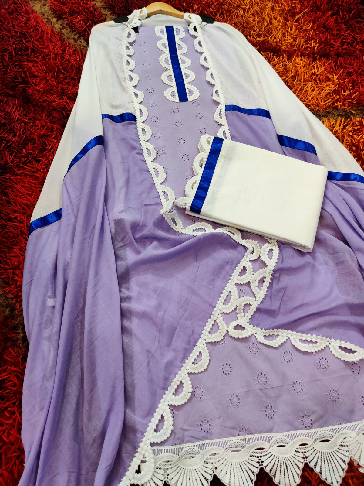 Purple Schiffli Cotton Unstitched Dress Material Suit Set - Mom & You Clothing