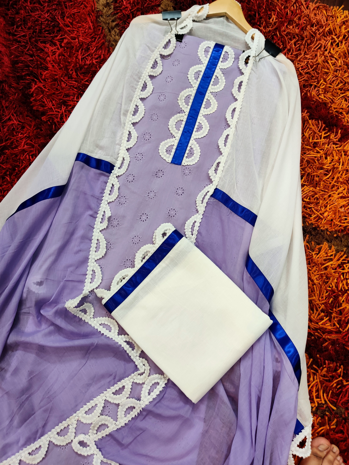 Purple Schiffli Cotton Unstitched Dress Material Suit Set - Mom & You Clothing