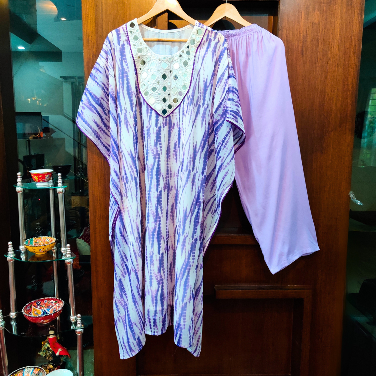 Purple and White Tie Dye Kurta Kaftan Georgette Stitched Co-Ord Set - Mom & You Clothing