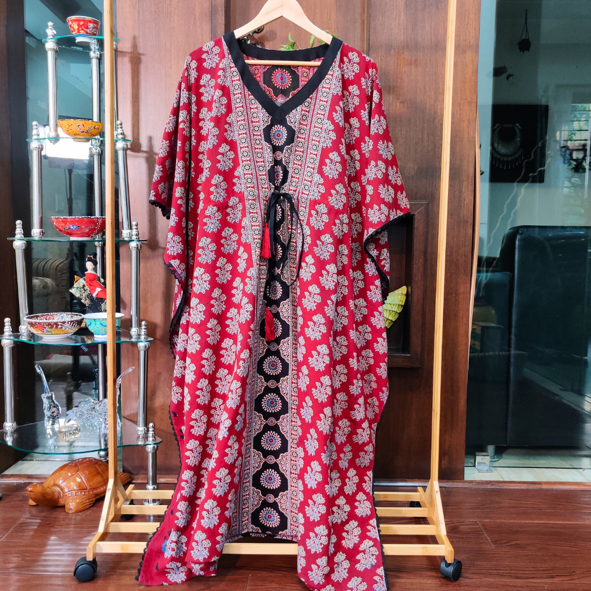 Red Ajrakh Stitched Kurta Kaftan - Mom & You Clothing