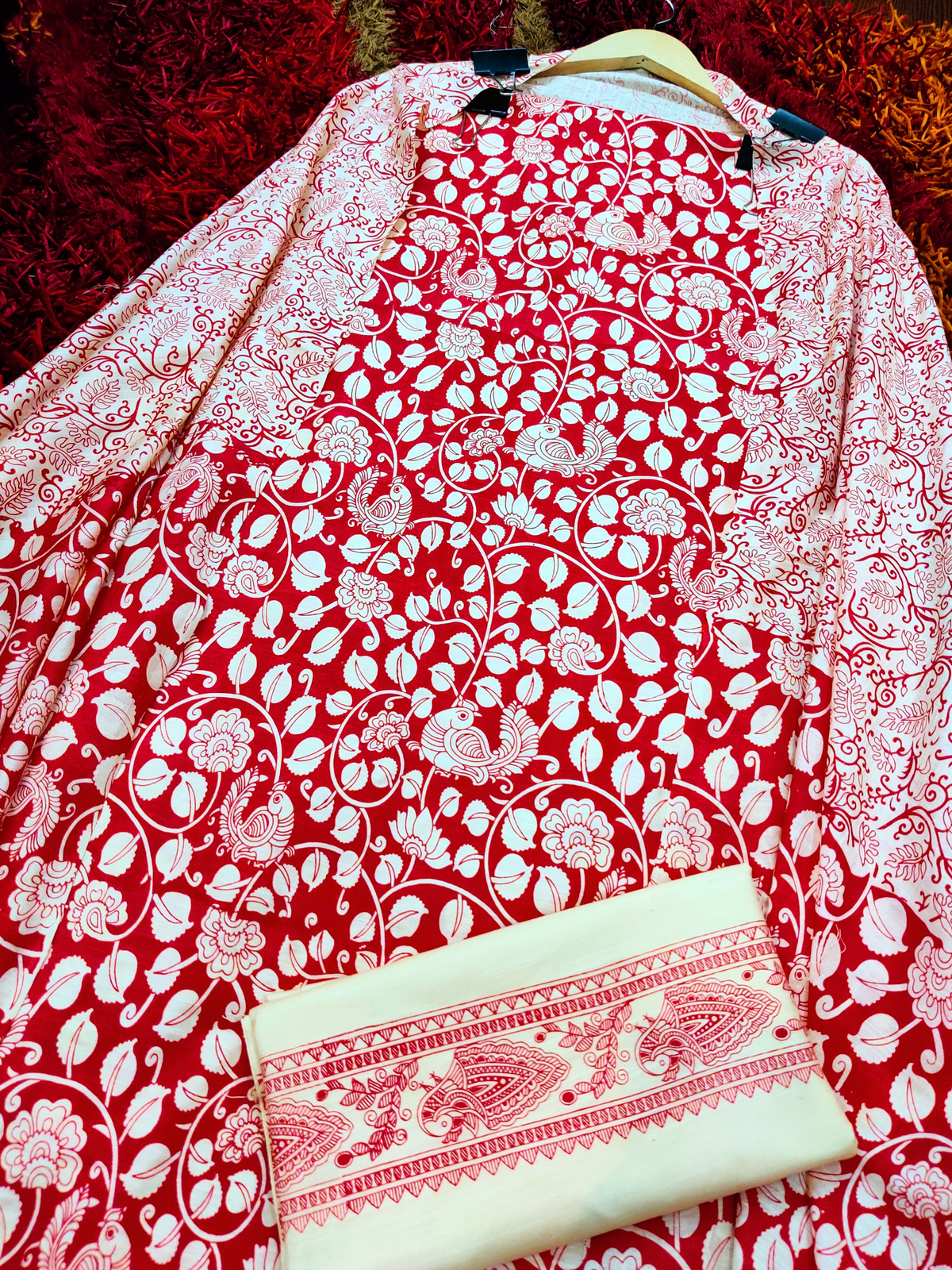 Red Paisley Madhubani Cotton Silk Unstitched Dress Material Suit Set - Mom & You Clothing