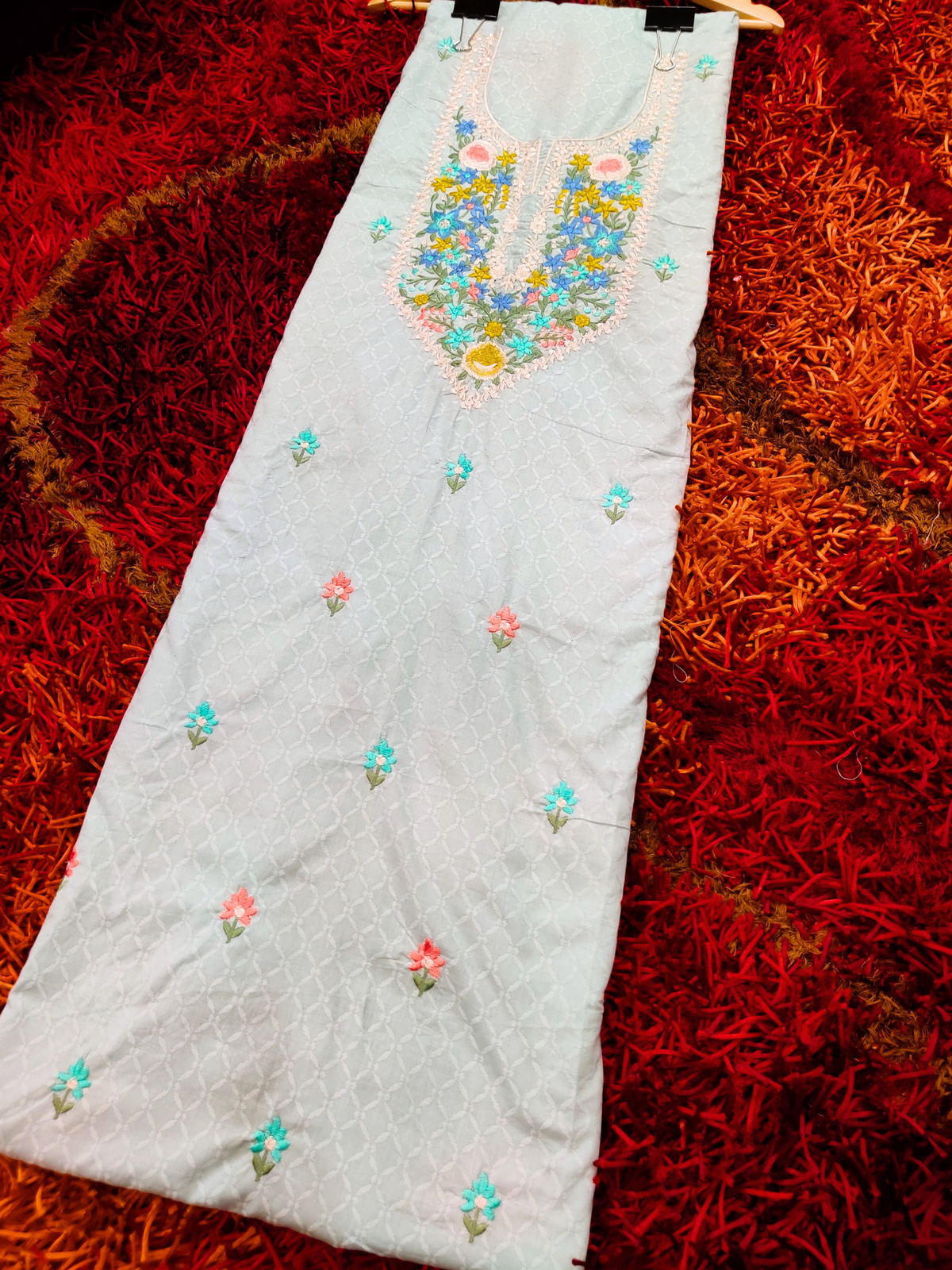 Sea Green Embroidered Cotton Unstitched Kurta Dress Material - Mom & You Clothing