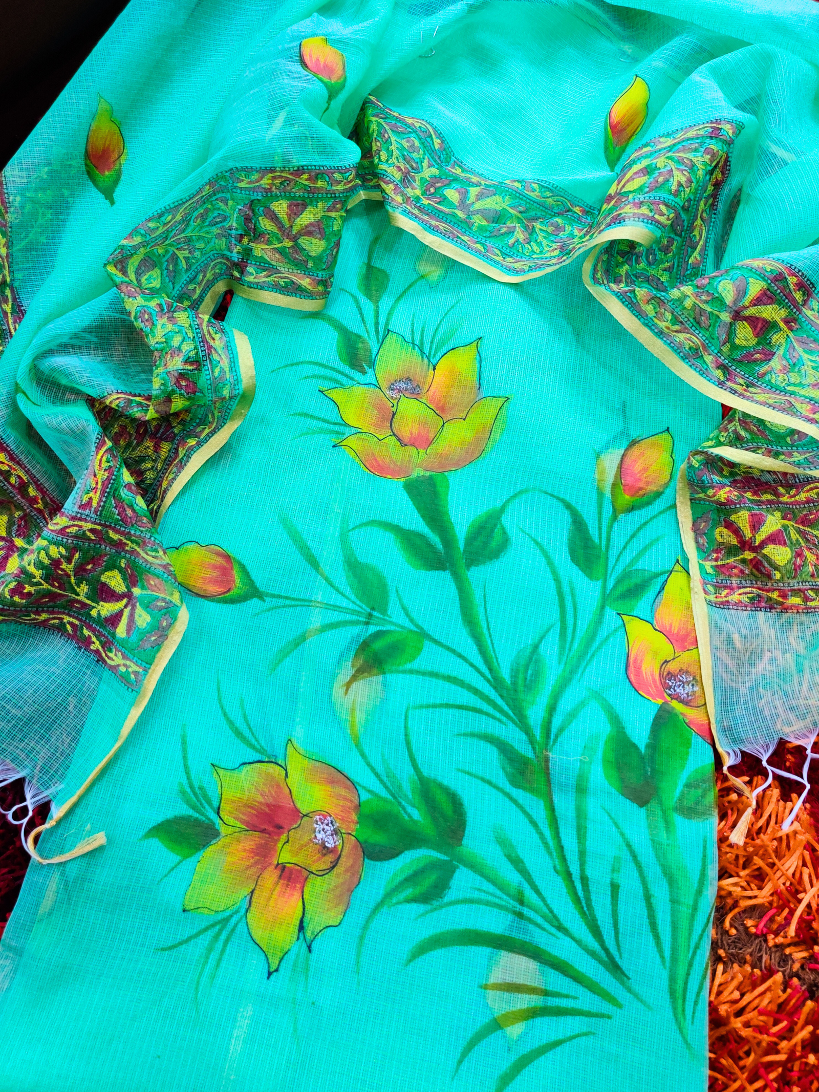 Sea Green Hand painted Kota Doria Unstitched Kurta Set - Mom & You Clothing