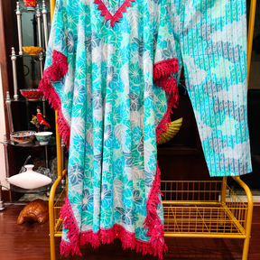 Sky Blue Handblock Kurta Kaftan Cotton Stitched Co-Ord Set - Mom & You Clothing