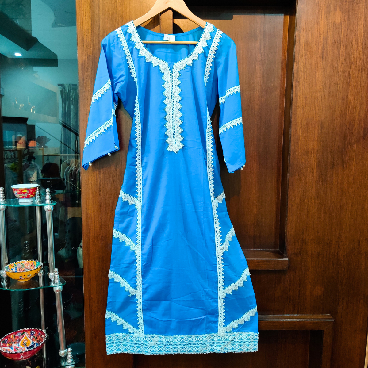 Sky Blue Lace-Trimmed Cotton Stitched Kurta - Mom & You Clothing