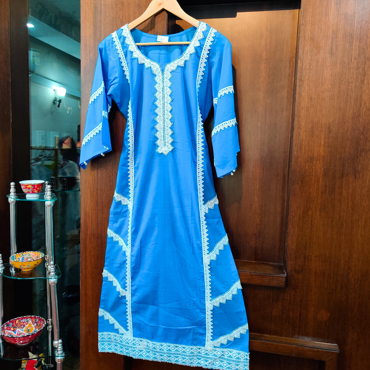 Sky Blue Lace-Trimmed Cotton Stitched Kurta - Mom & You Clothing