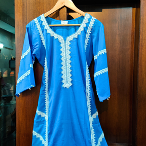 Sky Blue Lace-Trimmed Cotton Stitched Kurta - Mom & You Clothing