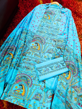 Sky Blue Madhubani Cotton Silk Unstitched Dress Material Suit Set - Mom & You Clothing