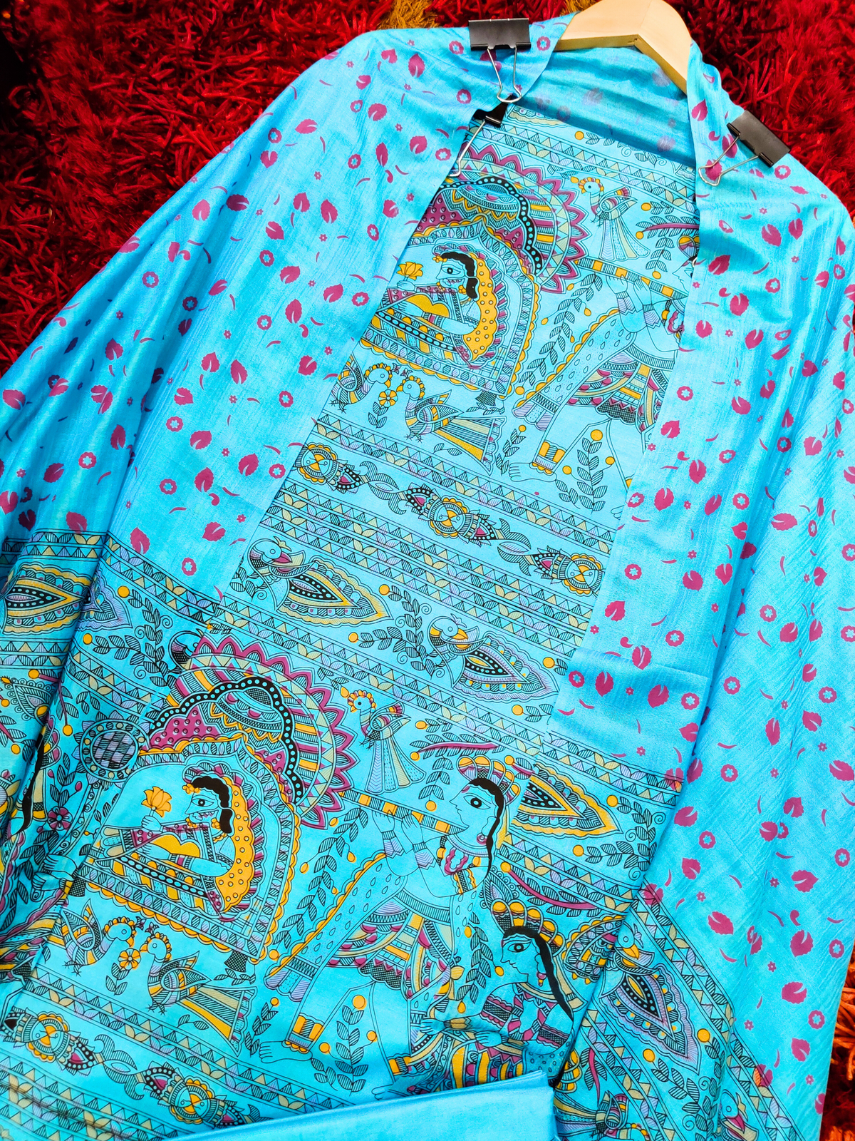 Sky Blue Madhubani Cotton Silk Unstitched Dress Material Suit Set - Mom & You Clothing