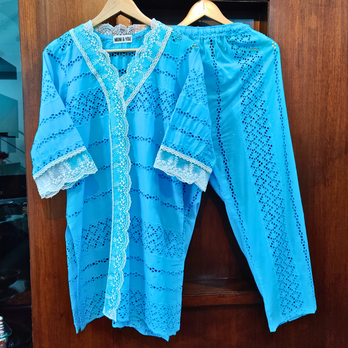 Sky Blue Schiffli Cotton Stitched Co-Ord Set - Mom & You Clothing