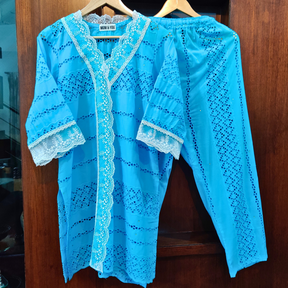 Sky Blue Schiffli Cotton Stitched Co-Ord Set - Mom & You Clothing