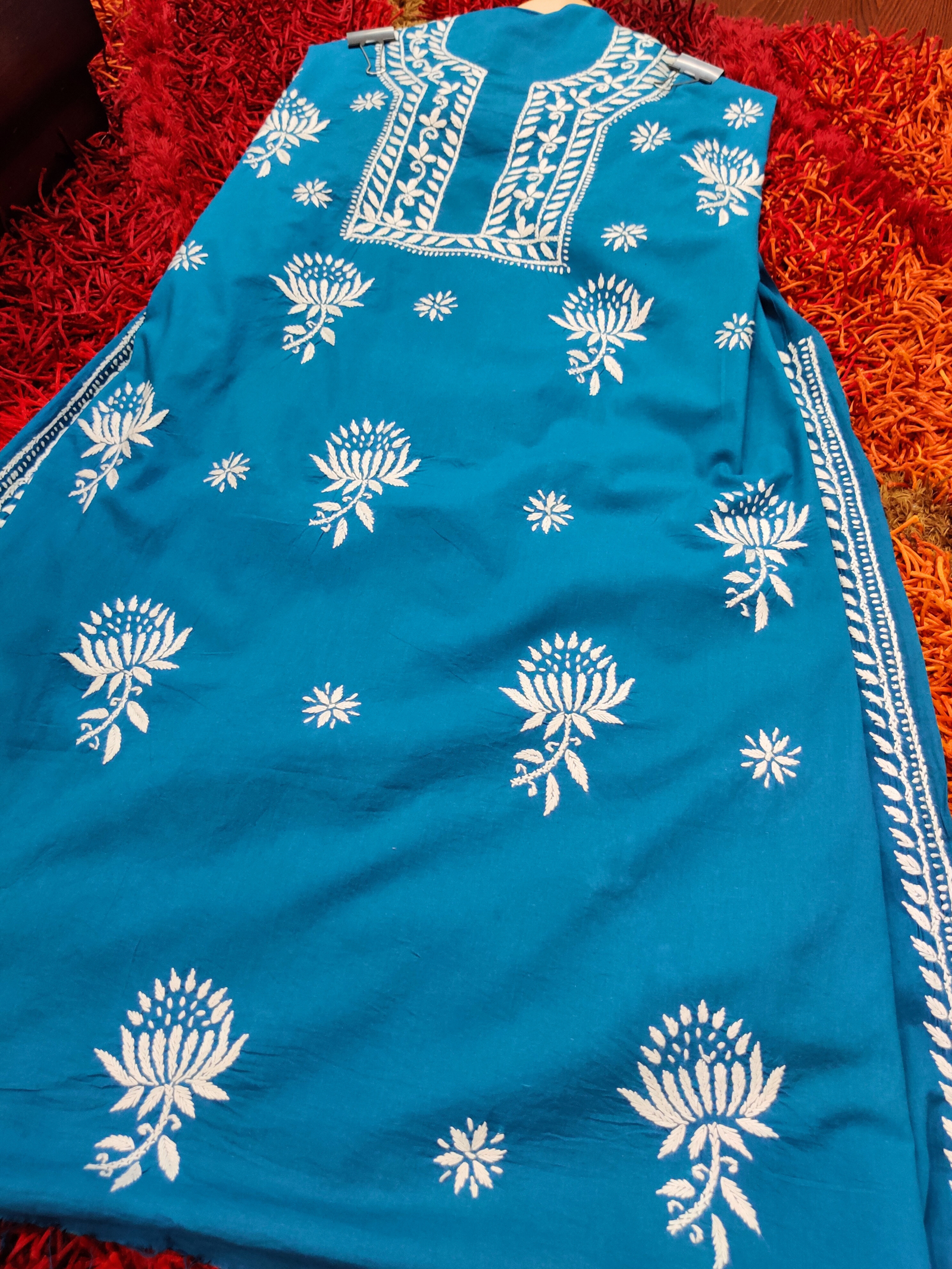 Teal Chikankari Cotton Unstitched Kurta Dress Material - Mom & You Clothing