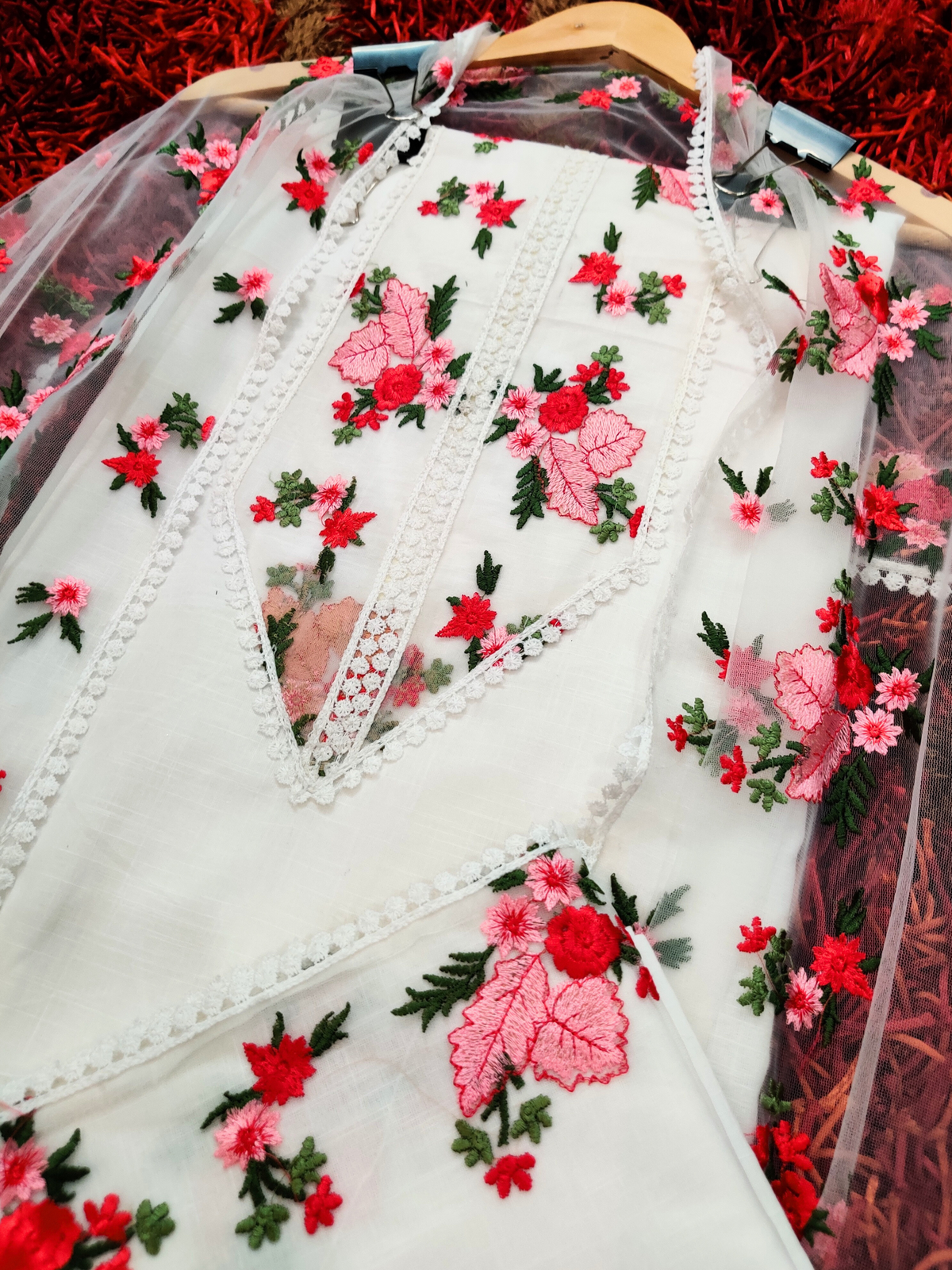 White Floral Lace Cotton Unstitched Dress Material Suit Set - Mom & You Clothing
