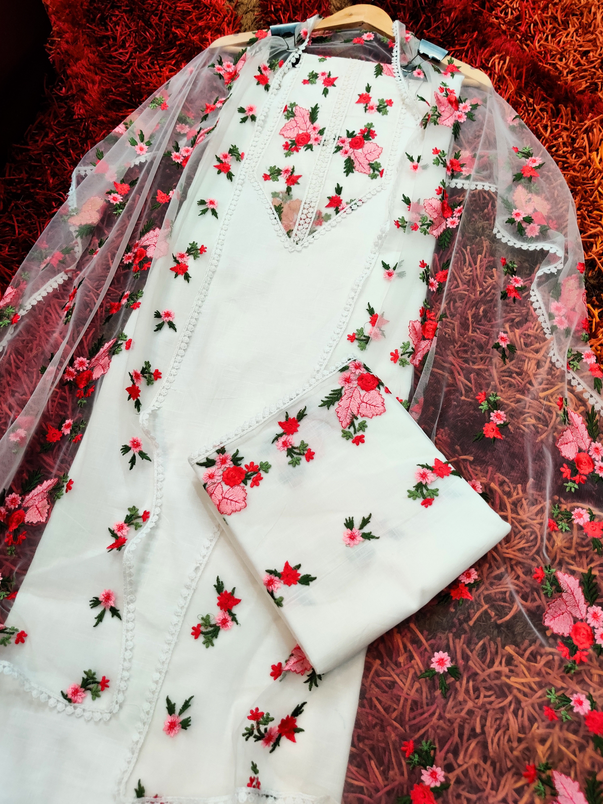 White Floral Lace Cotton Unstitched Dress Material Suit Set - Mom & You Clothing