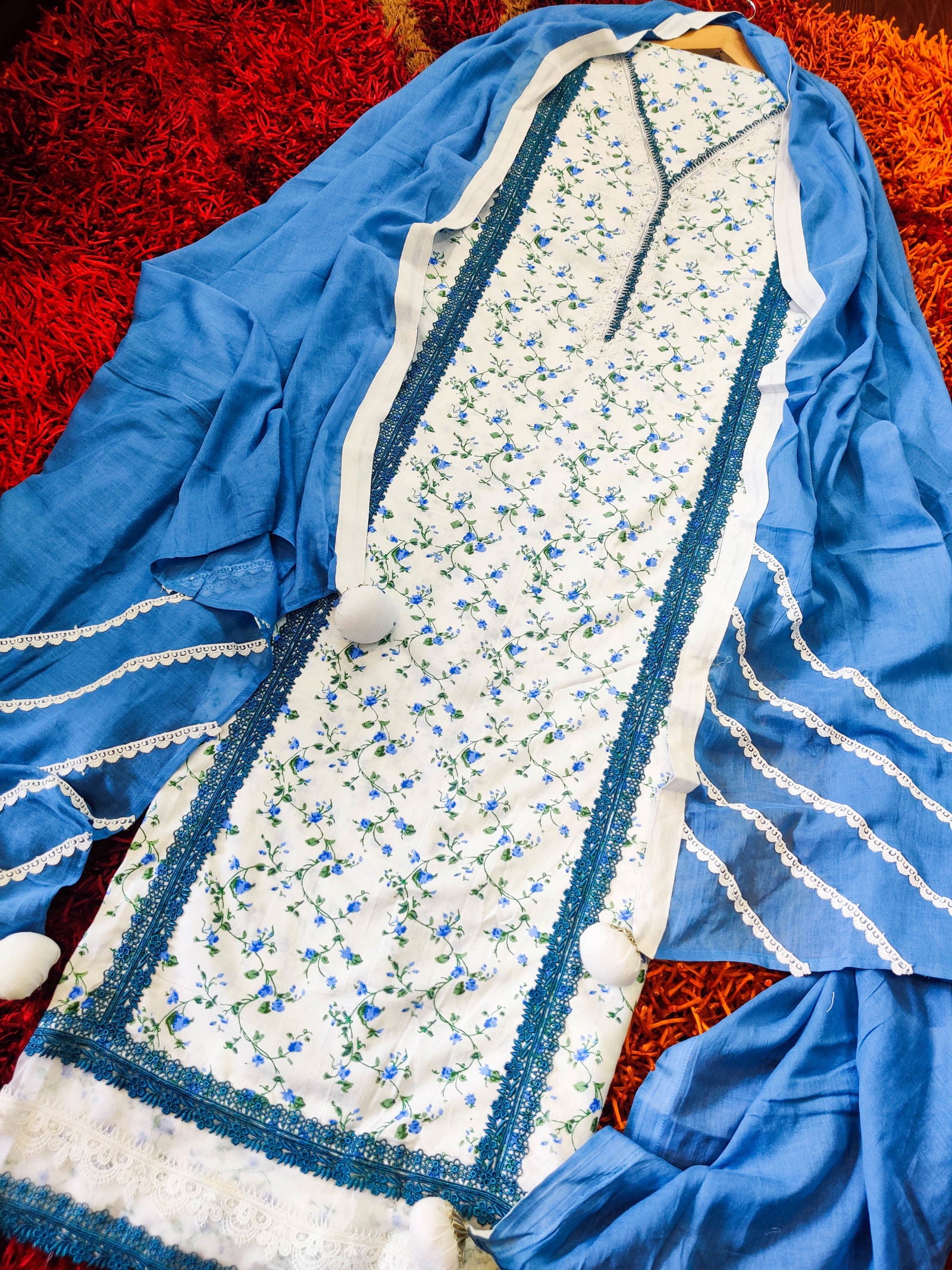 White Printed Cotton Unstitched Dress Material Kurta Set with Blue and White Lace Accents - Mom & You Clothing