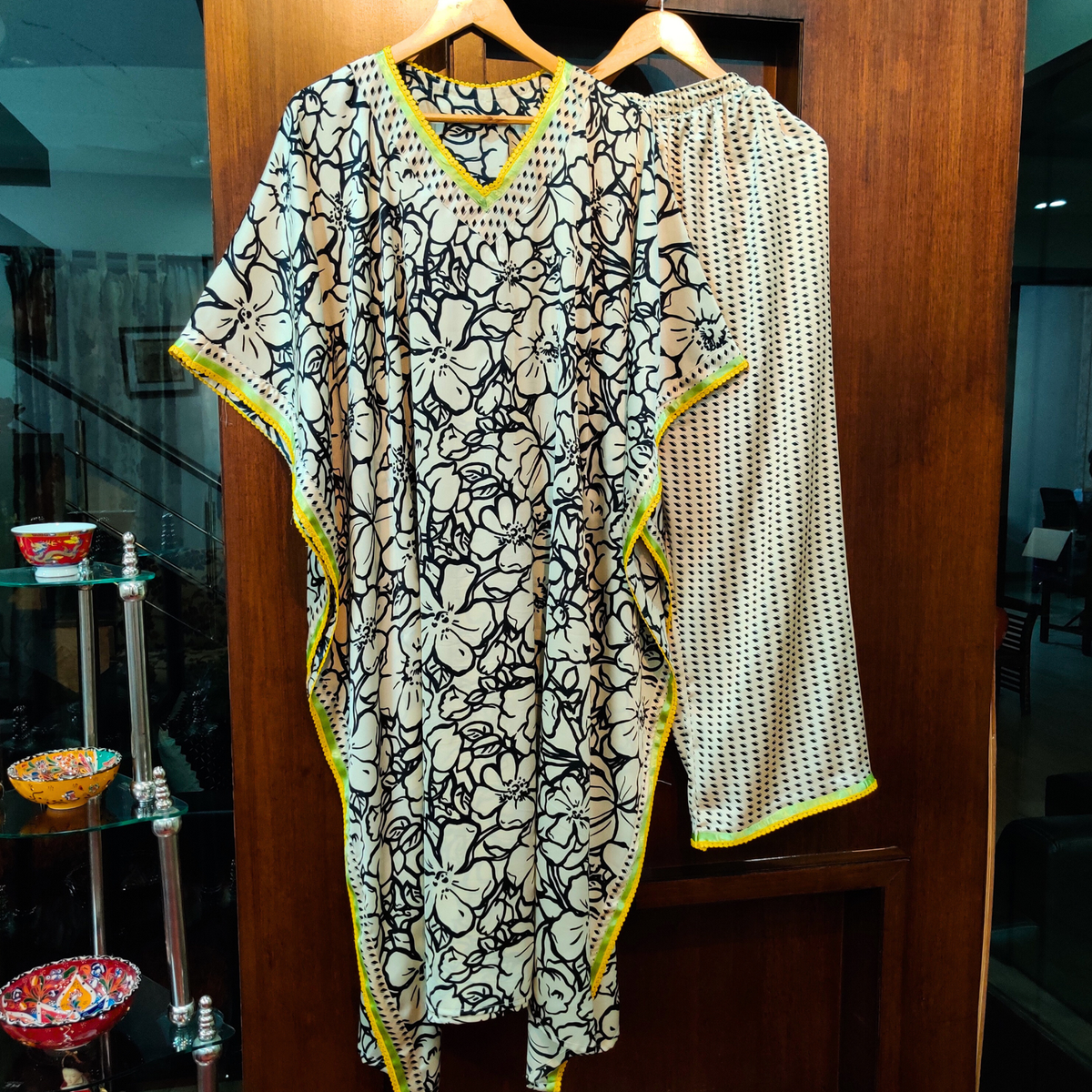 White and Black Digital Printed Pure Satin Silk Kurta Kaftan Stitched Co-Ord Set - Mom & You Clothing