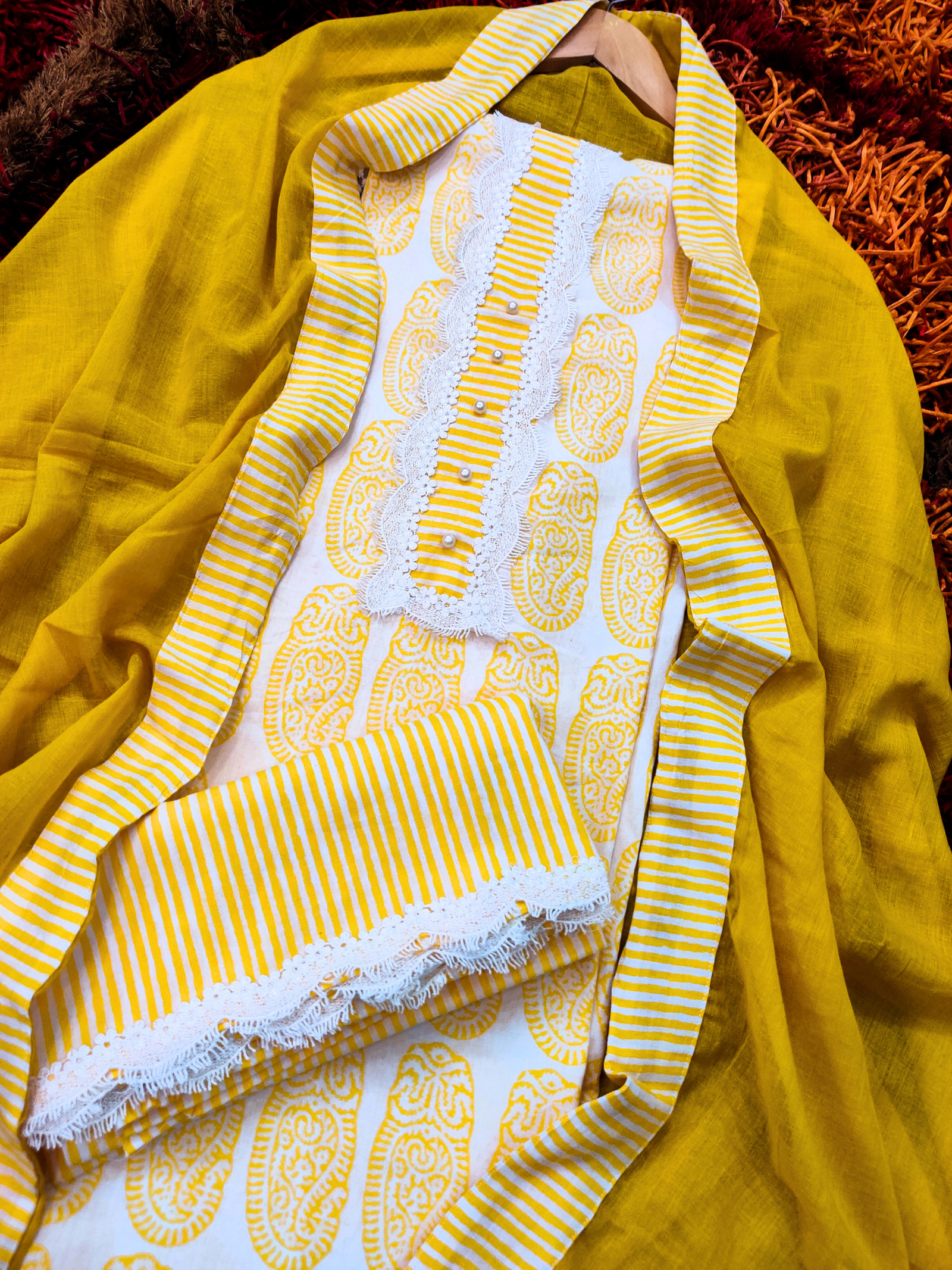 White and Yellow with Embellished White Lace Cotton Unstitched Dress Material Suit Set - Mom & You Clothing