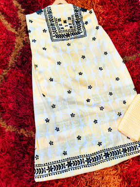 White and yellow Chikankari Cotton Unstitched Dress Material Kurta Set - Mom & You Clothing