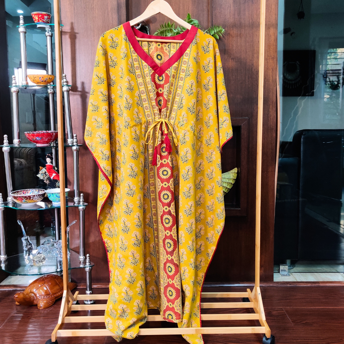Yellow Ajrakh Stitched Kurta Kaftan - Mom & You Clothing