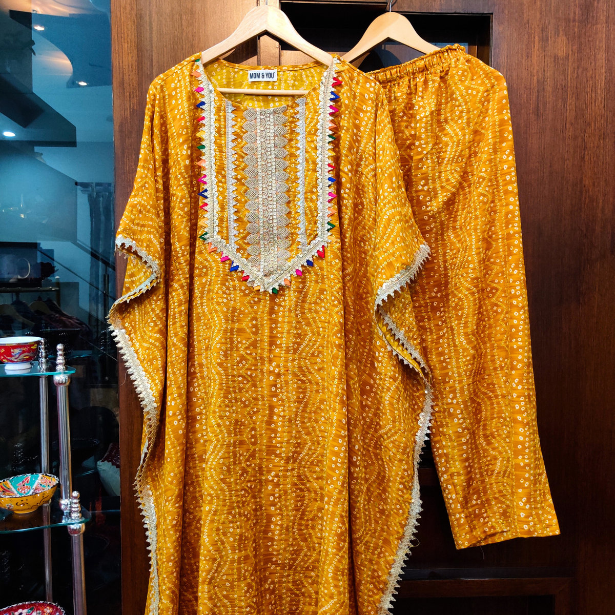 Yellow Bandhej Flowable Cotton Kurta Kaftan Stitched Co-Ord Set - Mom & You Clothing