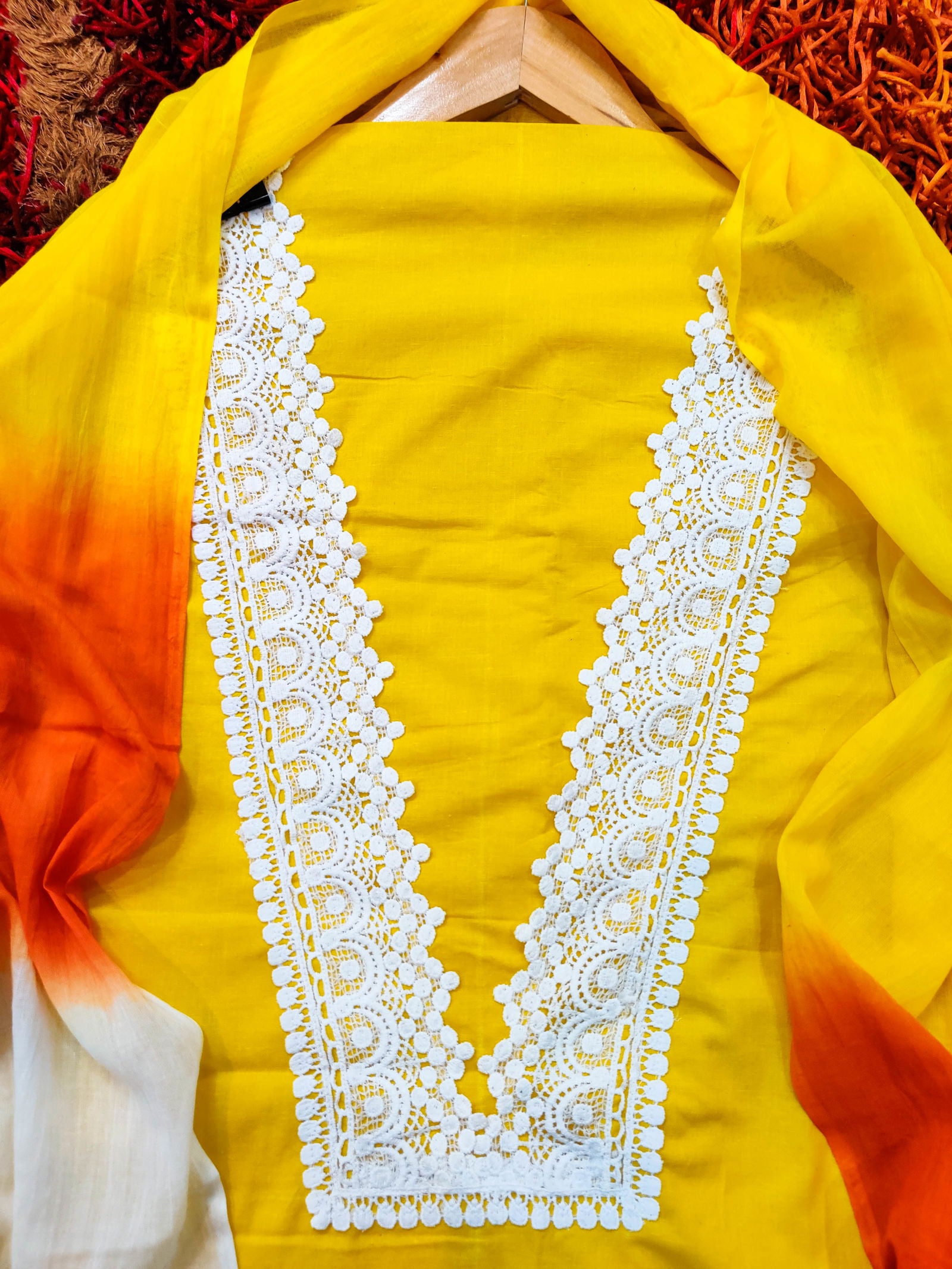 Yellow Cotton Unstitched Dress Material Kurta Set with Elegant White Lace Accents - Mom & You Clothing
