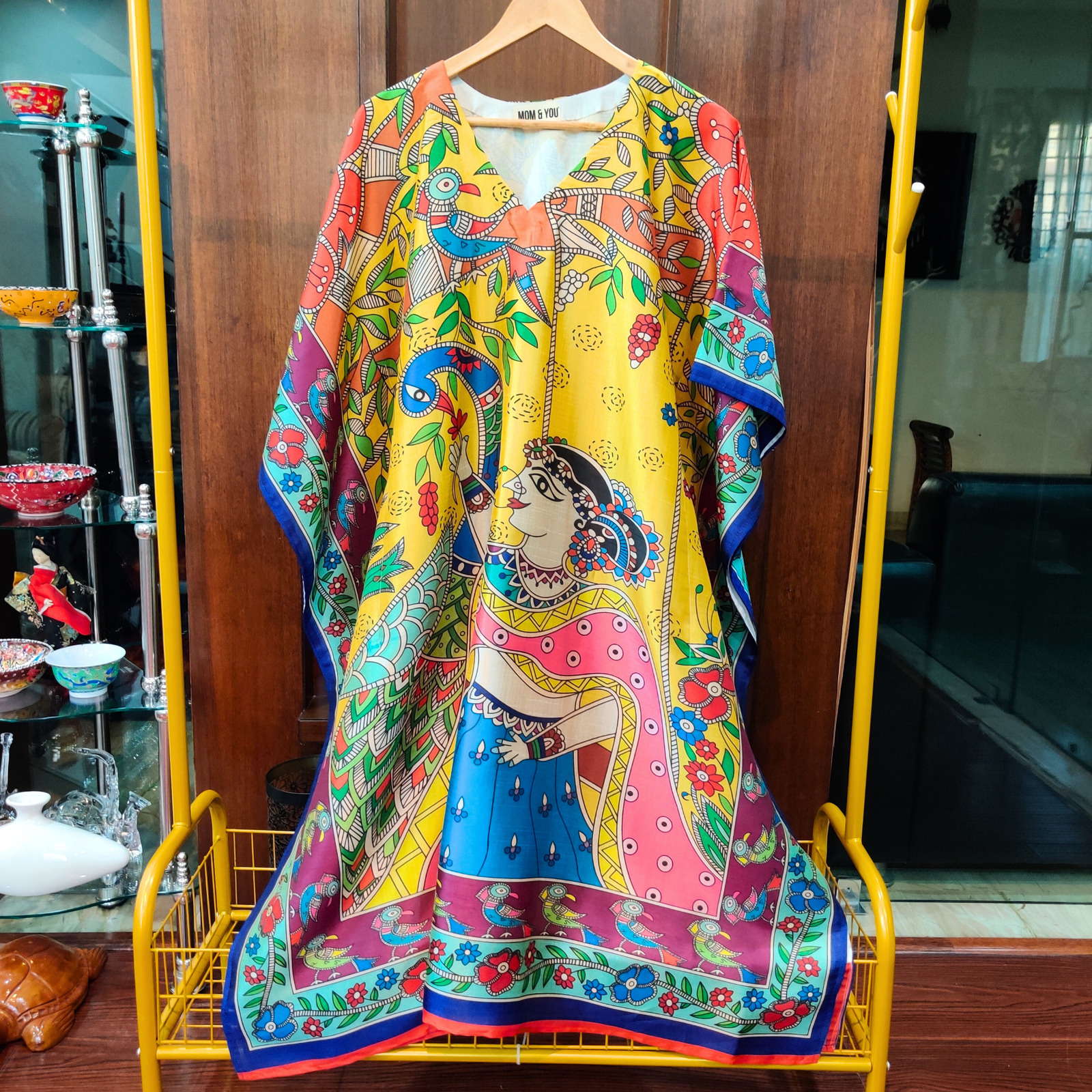 Yellow Digital Printed Muslin Silk Stitched Kurta Kaftan - Mom & You Clothing