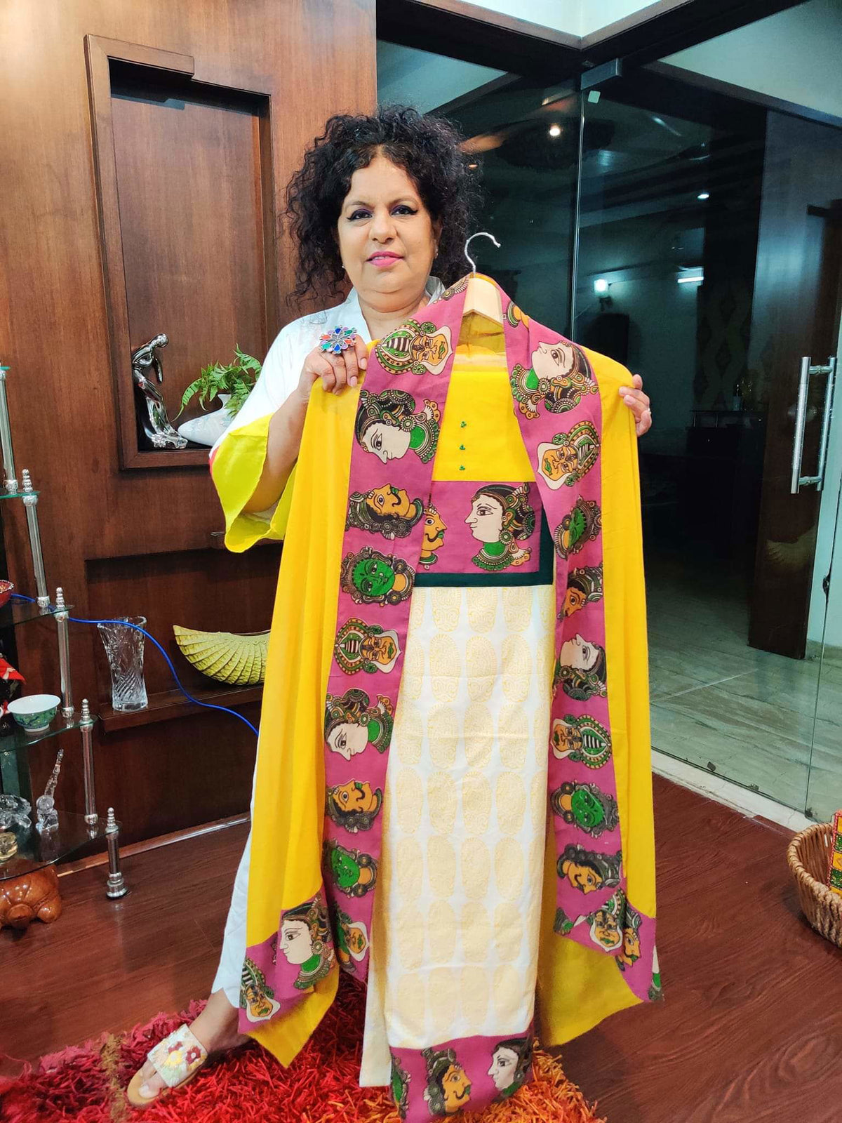 Yellow Kalamkari Cotton Handblock Unstitched Dress Material Suit Set - Mom & You Clothing