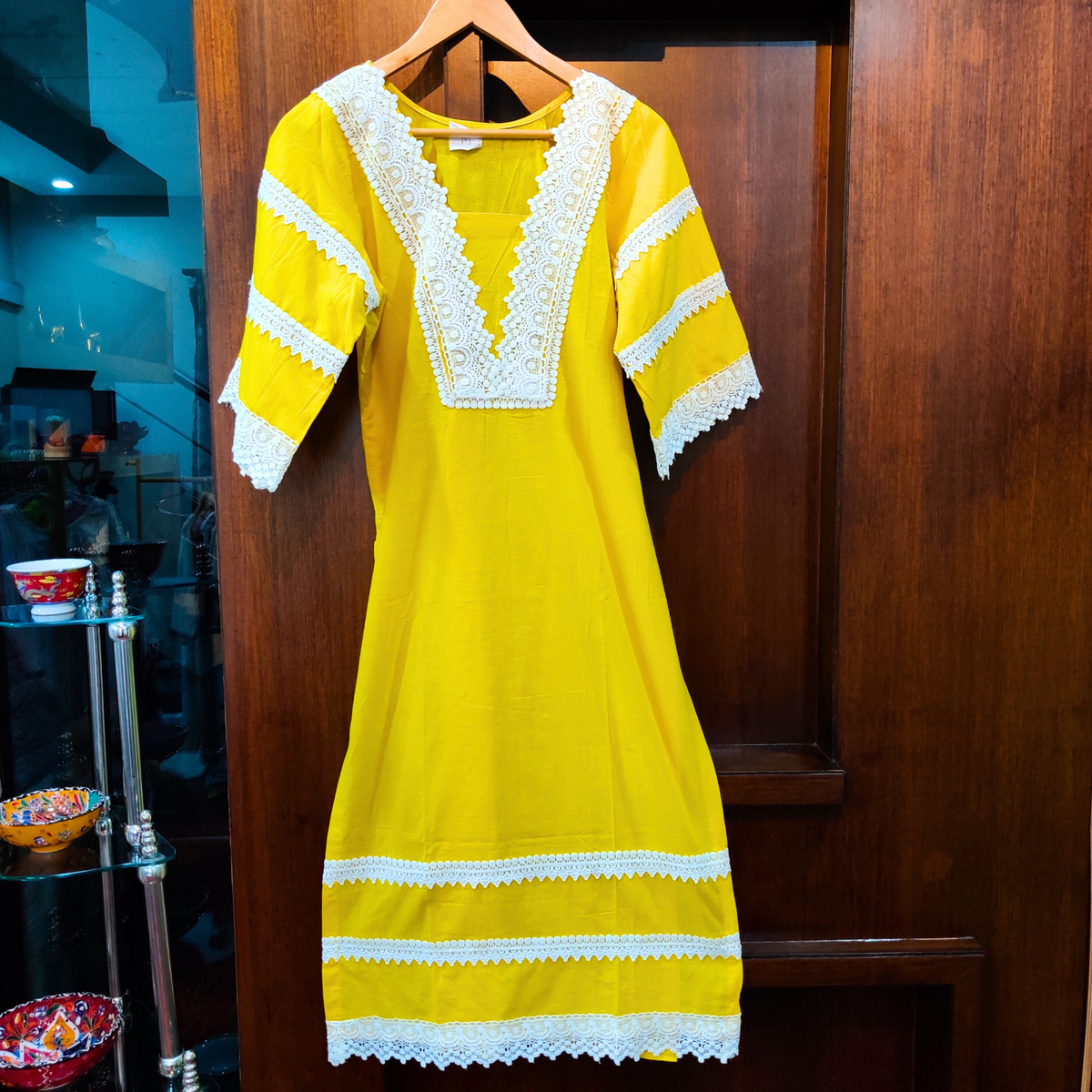 Yellow Lace-Trimmed Cotton Stitched Kurta - Mom & You Clothing