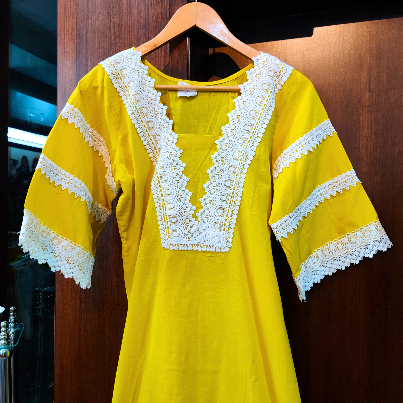 Yellow Lace-Trimmed Cotton Stitched Kurta - Mom & You Clothing