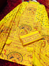 Yellow Madhubani Cotton Silk Unstitched Dress Material Suit Set - Mom & You Clothing