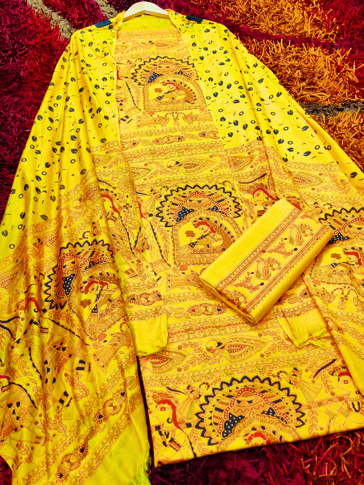 Yellow Madhubani Cotton Silk Unstitched Dress Material Suit Set - Mom & You Clothing