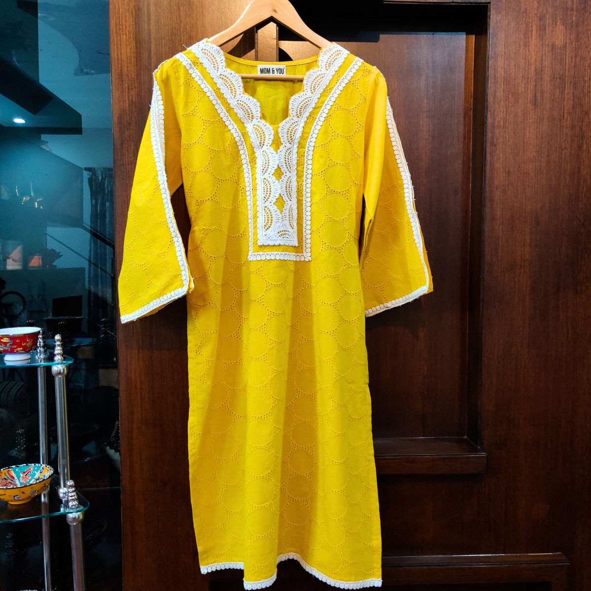 Yellow Schiffli Cotton Stitched Kurta - Mom & You Clothing