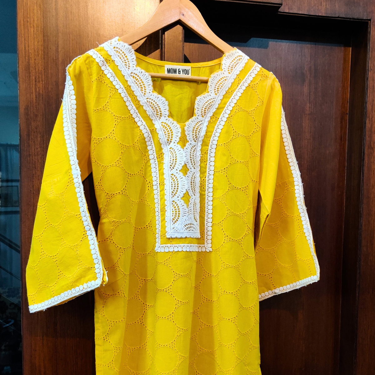 Yellow Schiffli Cotton Stitched Kurta - Mom & You Clothing