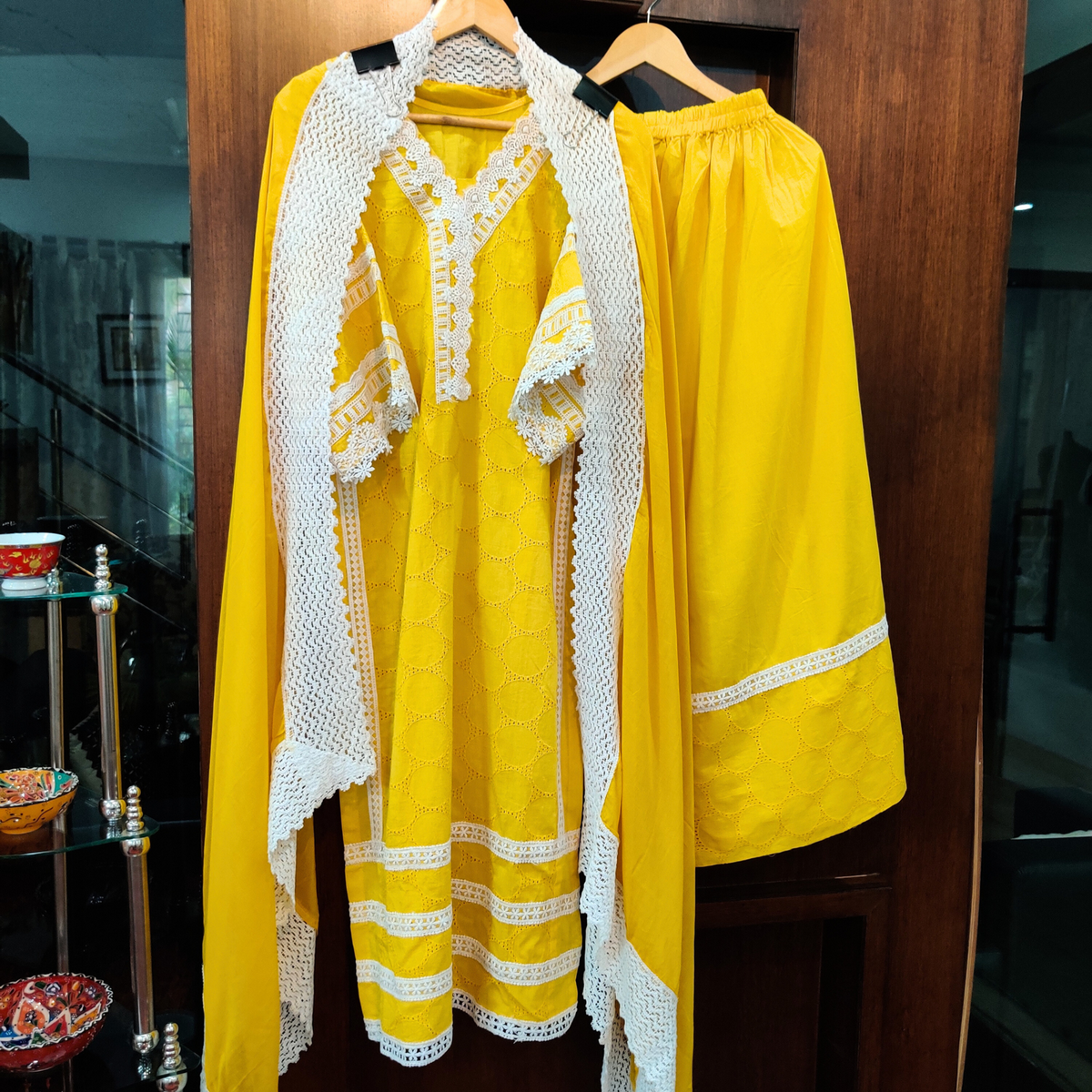 Yellow Schiffli Cotton Stitched Suit Set - Mom & You Clothing