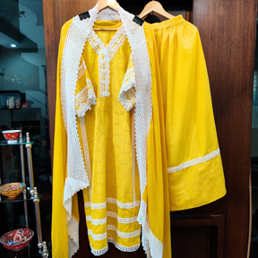 Yellow Schiffli Cotton Stitched Suit Set - Mom & You Clothing