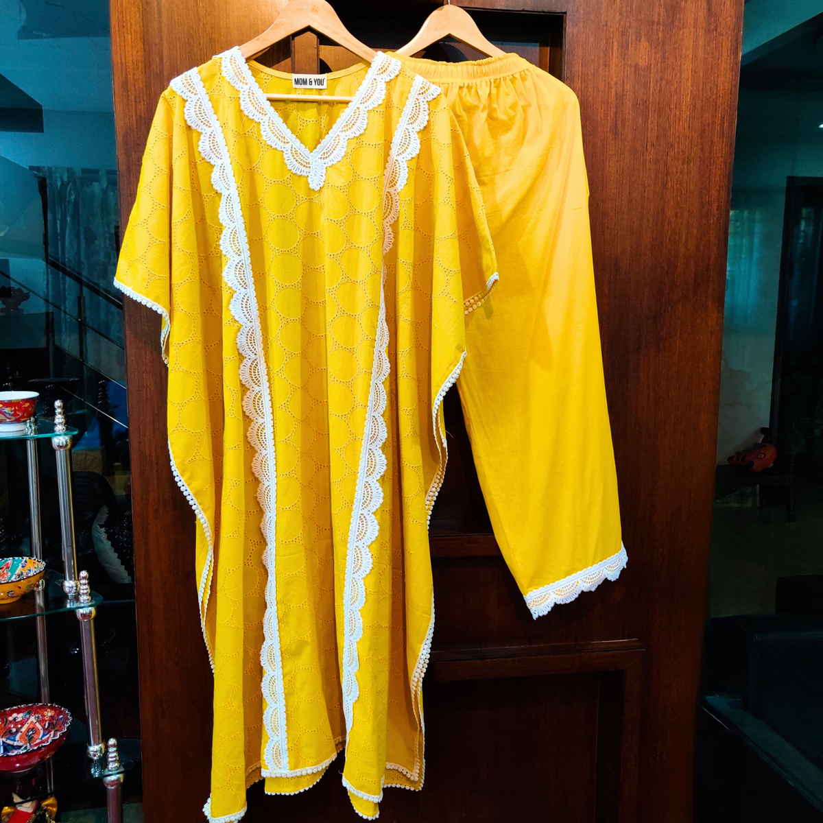 Yellow Schiffli Kurta Kaftan Stitched Co-Ord Set - Mom & You Clothing