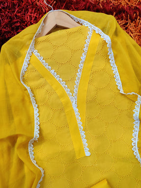 Yellow Schiffli with Elegant White Lace Detailing Unstitched Dress Material Suit Set - Mom & You Clothing