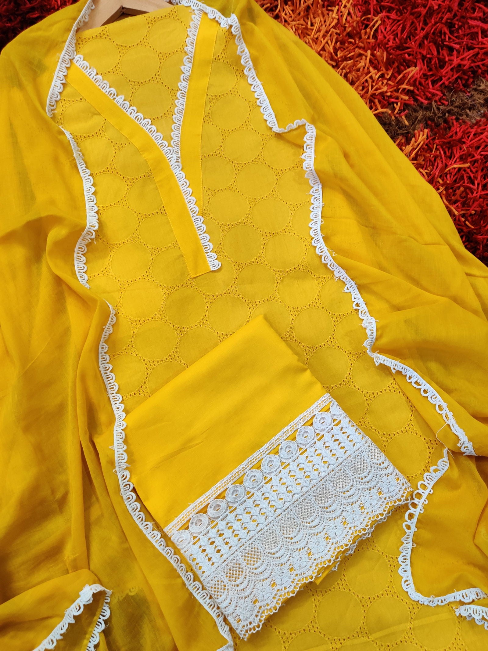 Yellow Schiffli with Elegant White Lace Detailing Unstitched Dress Material Suit Set - Mom & You Clothing