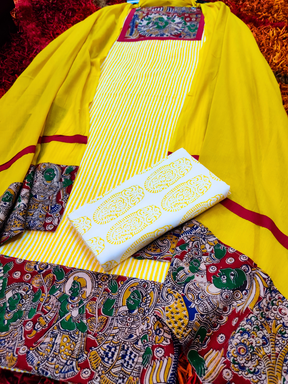 Yellow Striped Kalamkari Cotton Unstitched Dress Material Suit Set - Mom & You Clothing