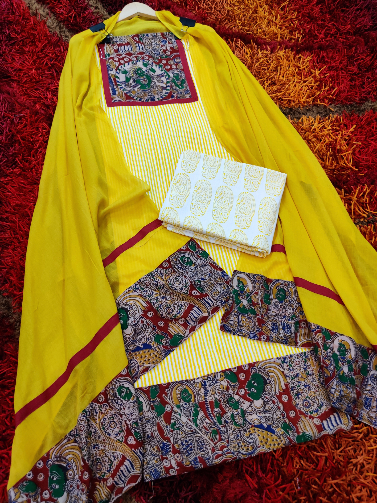 Yellow Striped Kalamkari Cotton Unstitched Dress Material Suit Set - Mom & You Clothing