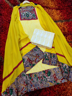 Yellow Striped Kalamkari Cotton Unstitched Dress Material Suit Set - Mom & You Clothing